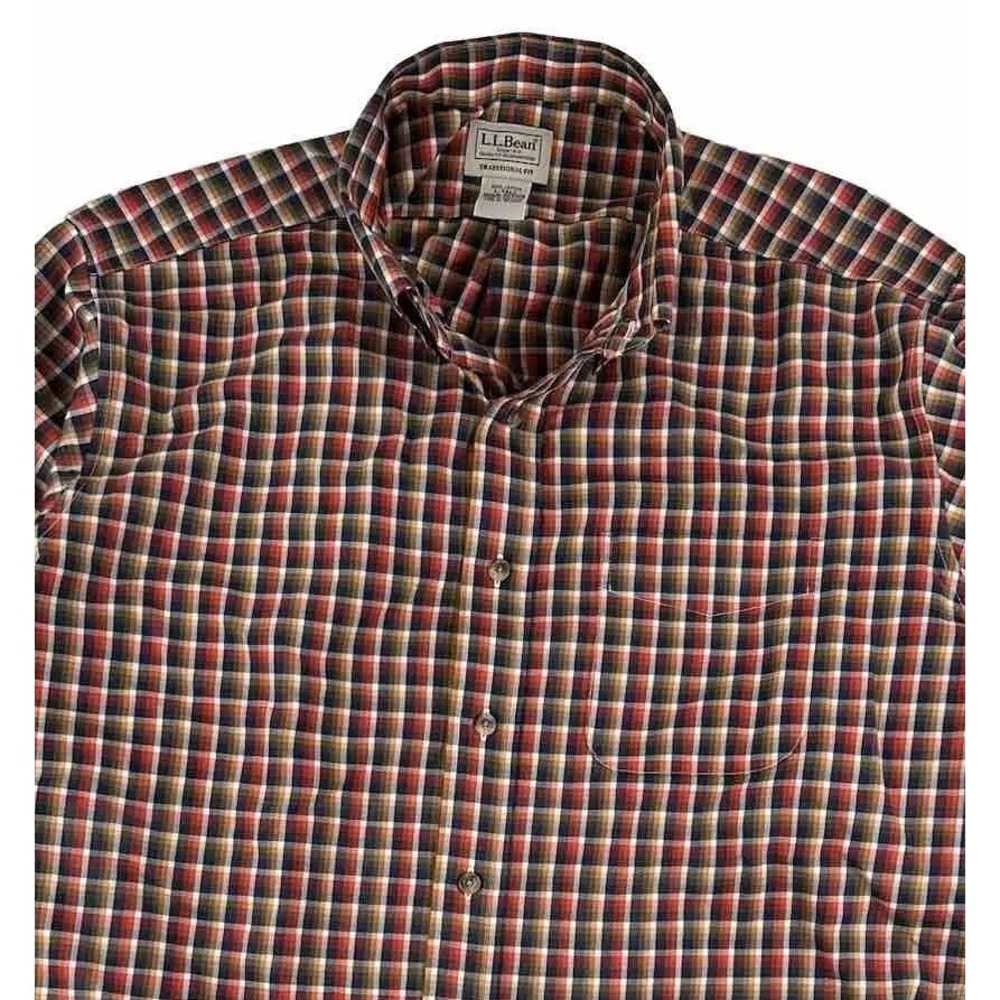 LL Bean Plaid Sport Shirt Men‎ Large TALL LT Black Orange Cotton Traditional Fit